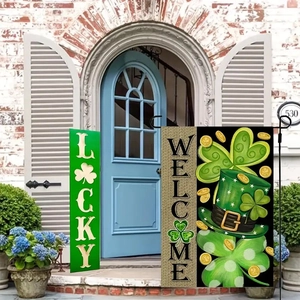 Close-up of Saint Patrick's Day garden flags with lucky clover and green hat designs