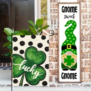 Close-up of St. Patrick's Day garden flag and gnome porch sign with lucky clover design