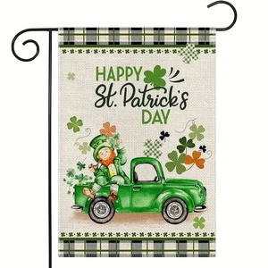 Detail of St. Patrick's Day garden flag showing linen texture and green truck design