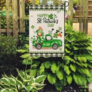 Outdoor Saint Patrick's Day garden flag with green truck and gnome on linen texture