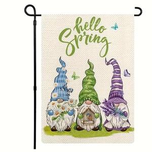 Detailansicht der Gartenfahne aus Leinen mit Frühlingswichteln und Schriftzug