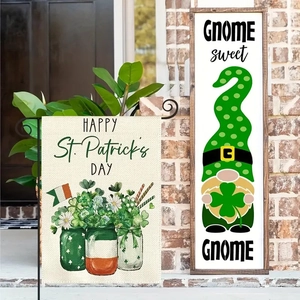 Linen garden flag and wooden gnome sign set for St. Patrick's Day outdoor decor