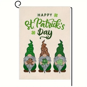 Close-up of St. Patrick's Day garden flag with three gnomes on premium linen fabric