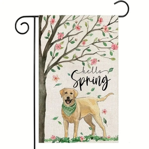 Leinen-Gartenflagge mit Labrador und rosa Blüten inklusive schwarzem Metallständer