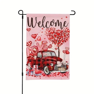 Valentine’s Day garden flag with gnome truck design, double-sided linen on metal stand