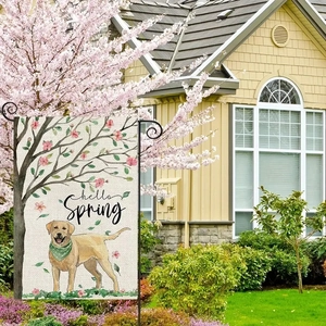 Hello Spring Gartenfahne mit Labrador und Kirschblüten inklusive schwarzem Metallständer