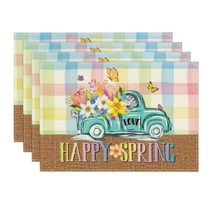 Lot de quatre sets de table avec camion bleu vintage, fleurs printanières et texte Happy Spring