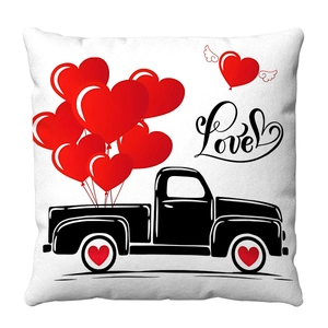 White plush Valentine pillowcase with vintage truck and red heart balloon design