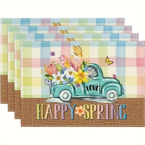 Détail de l'ensemble de 4 sets de table printaniers avec camion vintage et fleurs
