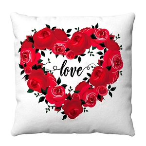 White plush heart cushion cover with red roses and love text for Valentine decor