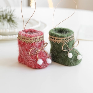 Christmas plush felt boots ornaments in red and green with gold lace and bows