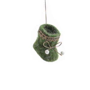 Green plush felt Christmas boot ornament with gold lace trim and white pom-poms decor