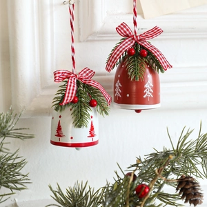 Festive Christmas iron bell hanging ornaments with checkered bows and pine needles