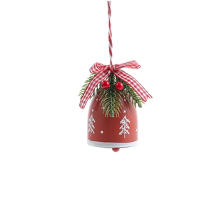 Red Christmas metal bell ornament with pine needles, red berries and plaid bow tie