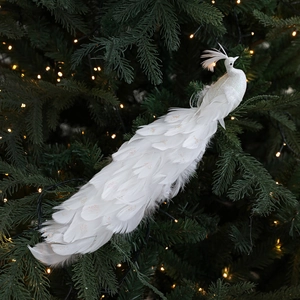 Pavone bianco decorativo per albero di Natale con piume eleganti e dettagli argentati