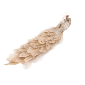 Decorazione natalizia pavone color champagne con glitter e piume naturali stratificate