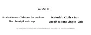 Specifications for Christmas plush ornaments showing fabric and iron materials info