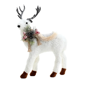 White flocked Christmas reindeer figurine with pine cones and berries for holiday decor
