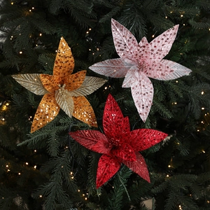 Artificial Poinsettia Flowers Fabric Glitter Sequins Shimmering Decor For Christmas Tree Garland Wreath Ornament