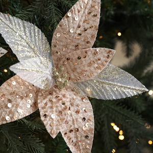 Champagne gold fabric Christmas flower decoration with sequins on holiday tree