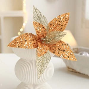 Elegant 26cm gold fabric Christmas poinsettia flower with sequins and silver leaves