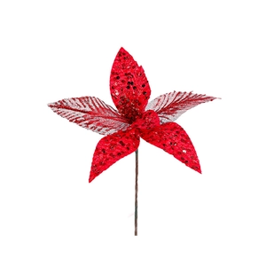 Red artificial poinsettia Christmas flower with silver stripes and glitter decoration