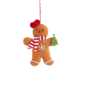 Brown gingerbread man plush ornament with red bow and striped scarf for Christmas tree decor