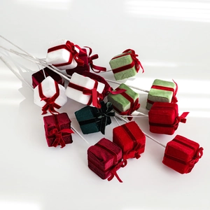 Christmas foam gift box picks with velvet bows for tree decor and floral arrangements