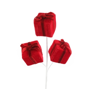 Three red flocked Christmas gift box picks with bows for holiday tree floral decoration