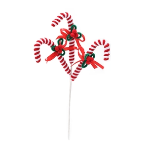 Plush Christmas candy cane pick with red and white stripes and ribbon bow ornament