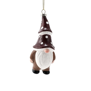Brown Nordic gnome Christmas tree ornament with white polka dots and gold hanging string