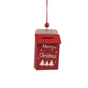 Red and white Merry Christmas wooden mailbox ornament with a natural hanging rope