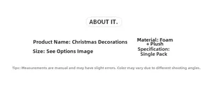 Detailed foam candy lollipop ornament specifications including size and plush material info