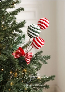 Close-up of red and green striped knit candy cane sticks for Christmas tree decoration