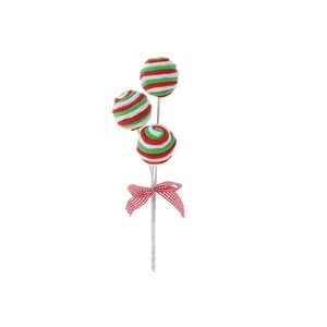 Christmas foam candy lollipop picks with red green white knit balls and ribbon bow