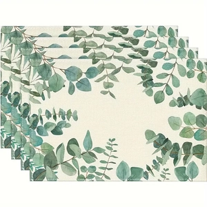 Détail du lot de 4 sets de table en lin tissé avec motif de feuilles d'eucalyptus