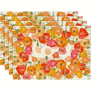 Lot de quatre sets de table tissés avec motifs floraux de coquelicots rouges