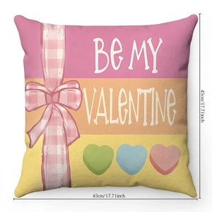 Detail of 45x45cm Valentine pillow cover featuring bow, heart patterns, and festive text