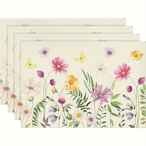 Lot de quatre sets de table avec fleurs aquarelles et papillons sur texture lin