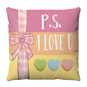 Macro detail of plush velvet pillow cover with P.S. I Love U print and pink bow design
