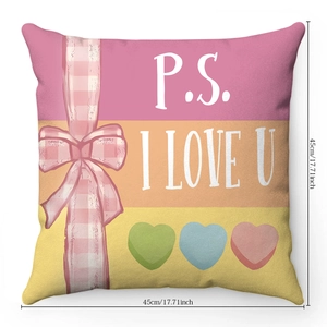 Pink striped 45x45cm Valentine pillow cover with P.S. I LOVE U text and heart patterns