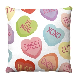 Pink Valentines plush pillowcase with colorful heart candy patterns and sweet phrases