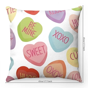 Detail of 45x45cm Valentine pillow cover with colorful conversation heart patterns