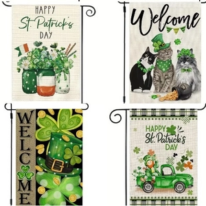 St Patricks Day Garden Flag Linen Outdoor Decorative Banner With Metal Stand Shamrock Gnome Truck Design Double Sided Welcome Yard Sign