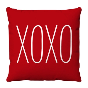 Red plush Valentine's Day square pillow cover with white XOXO heart design pattern