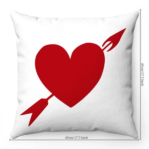 White plush Valentine cushion cover with red heart and cupid arrow print, 45x45cm size