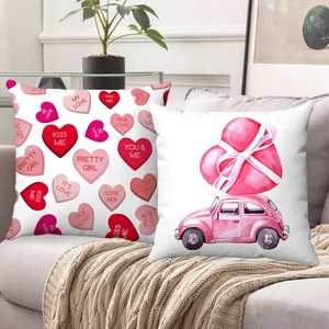 Pink heart and vintage car pillow covers on sofa for Valentine's home decor