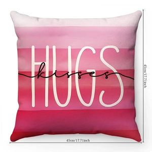 Detail of pink gradient pillow case with HUGS kisses text and 45cm size dimension