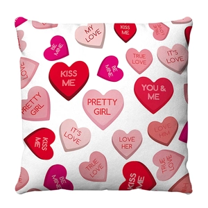 Macro detail of pink Valentine cushion cover with romantic heart print and love messages
