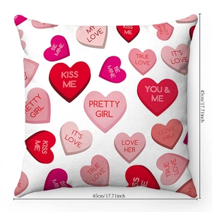 Detail of 45x45cm Valentine pink 3D heart pillow cover with romantic love phrases